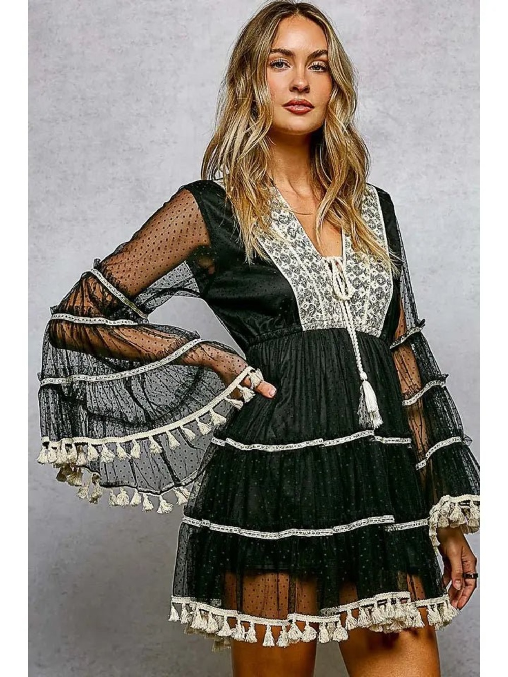 🆕 POL Fringe and Tassel Embroidered Mini Flare Dress-Black NWT SZ LG - Picture 3 of 4